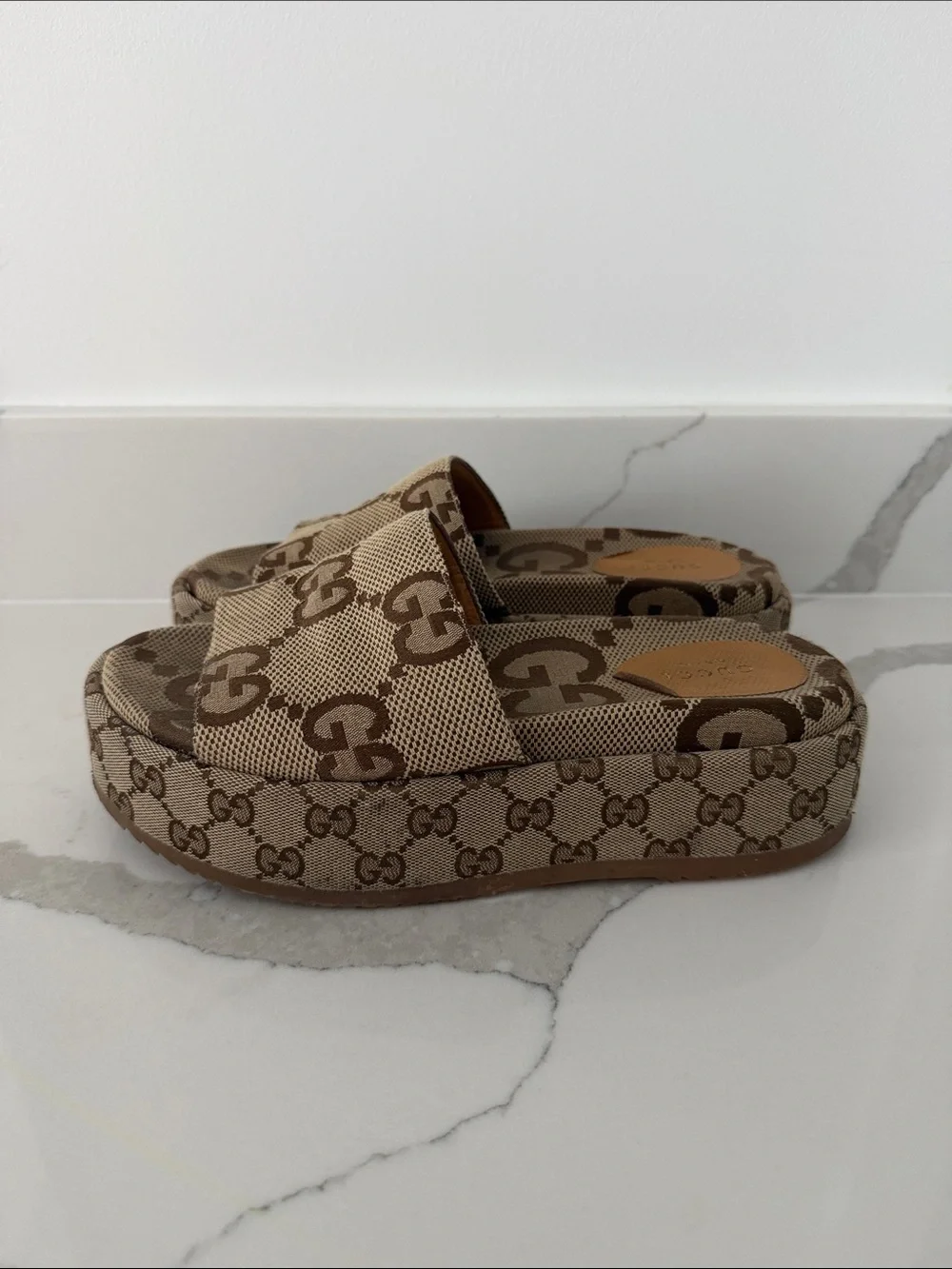 Gucci Brown Beige GG Canvas Slide Sandals